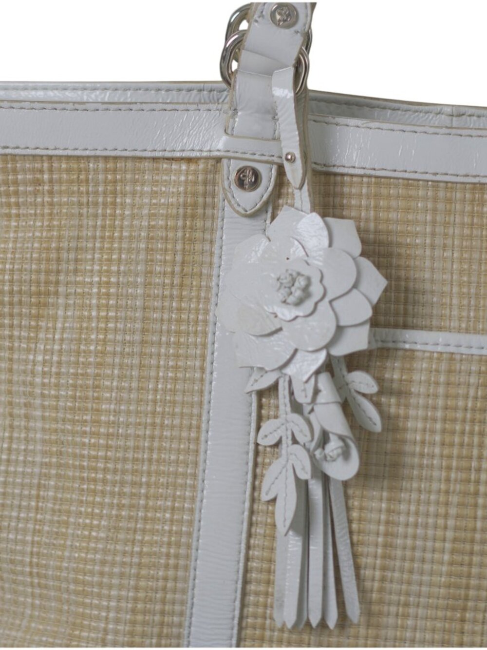 Cole Haan Raffia White Patent Leather Tote Floral Charm Summer Bag Beach GUC - Picture 3 of 15